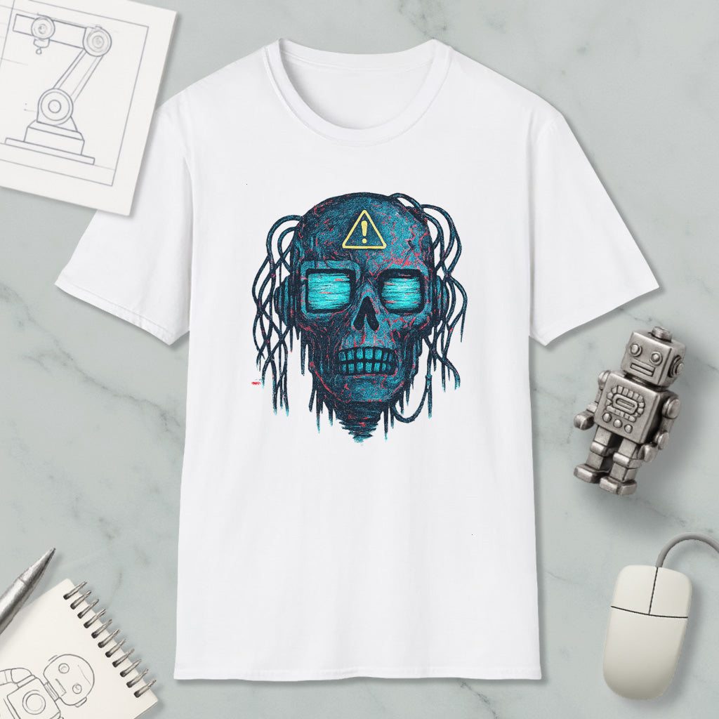 a white t-shirt with a graphic design of a skull with blue and green elements, along with a computer mouse and a notebook.