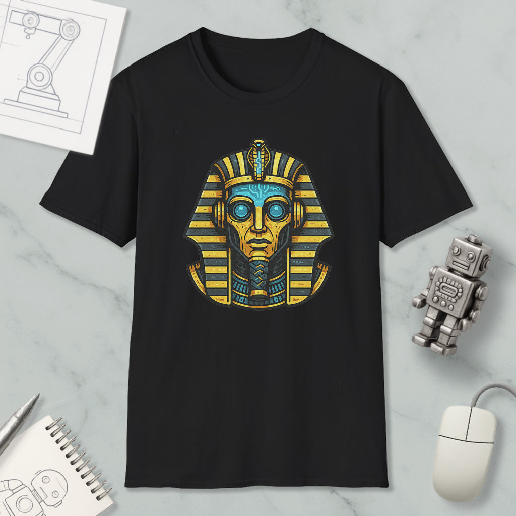 a black t-shirt with a graphic design of a pharaoh's head, surrounded by various objects such as a computer mouse, a notebook, and a robot.