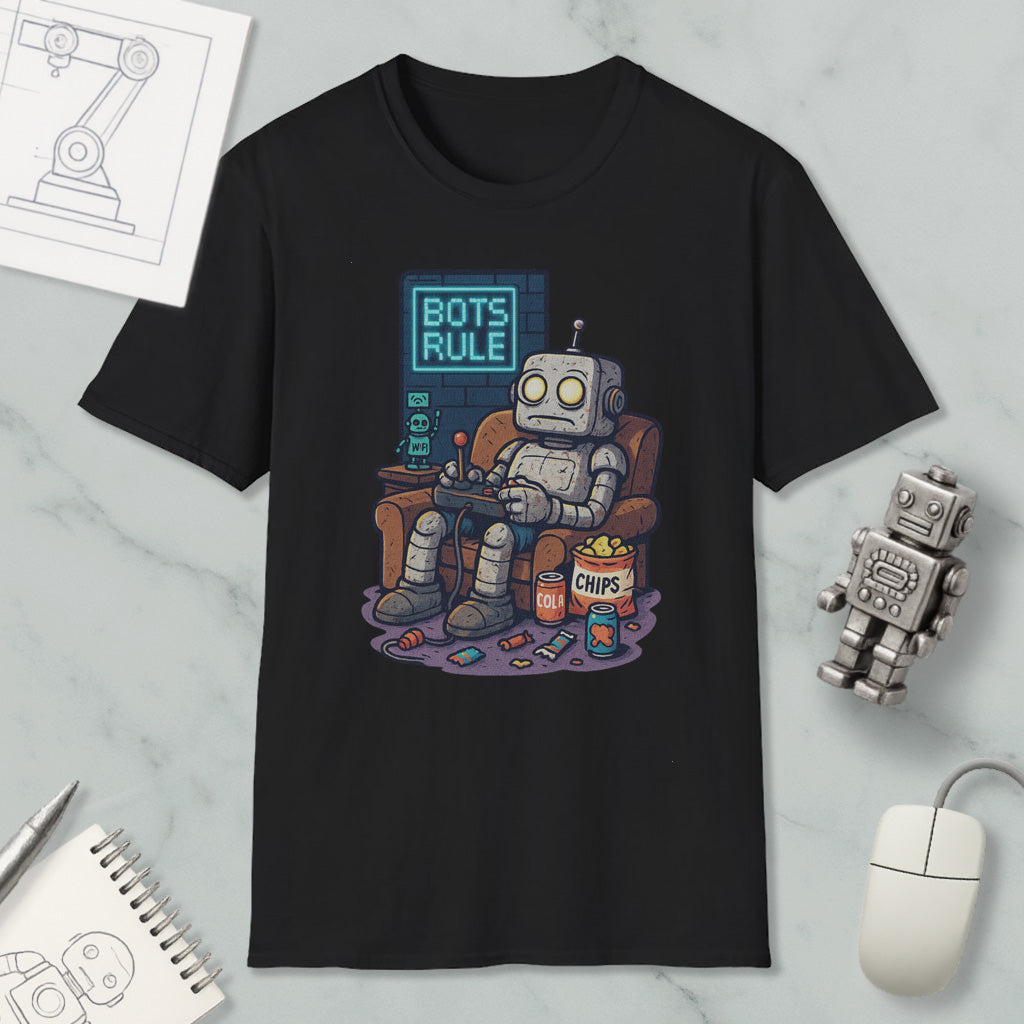 A black t-shirt with a graphic design depicting a robot sitting in a chair and holding a remote control, with the text "BOTS RULE" displayed above it.