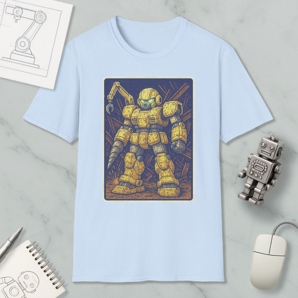 a light blue t-shirt with a graphic of a yellow robot or robot-like figure, along with various objects such as a computer mouse, a pen, and a notebook.