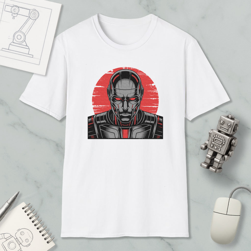 a white t-shirt with a graphic design depicting a robot or cyborg-like figure, along with a red circular background and a robot-like object.