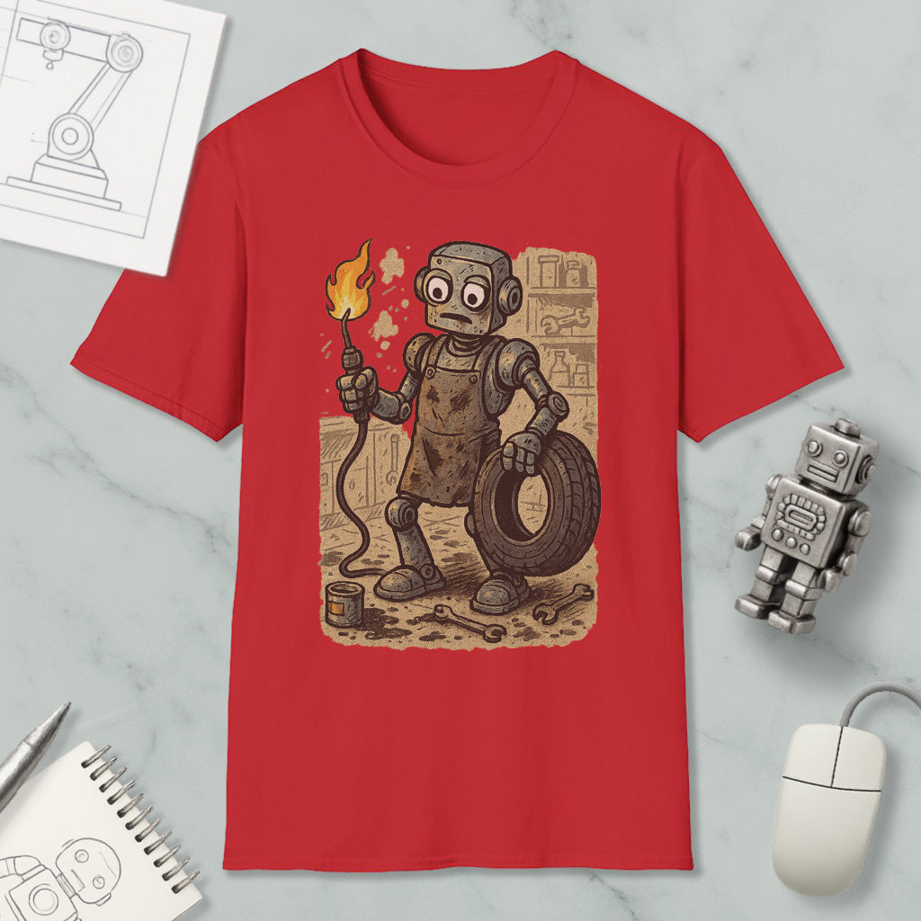 a red t-shirt with a cartoon robot holding a fire extinguisher and a tire, surrounded by various objects such as a computer mouse, a notebook, and a pen.