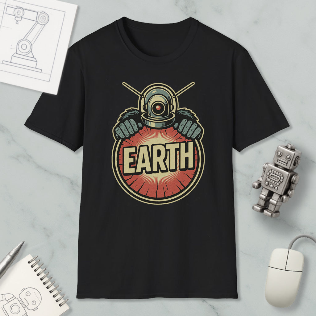 a black t-shirt with a graphic design of a robot or alien figure holding a sign that says "EARTH". The t-shirt is displayed on a marble surface, along with a computer mouse, a notebook, and a small robot figurine.