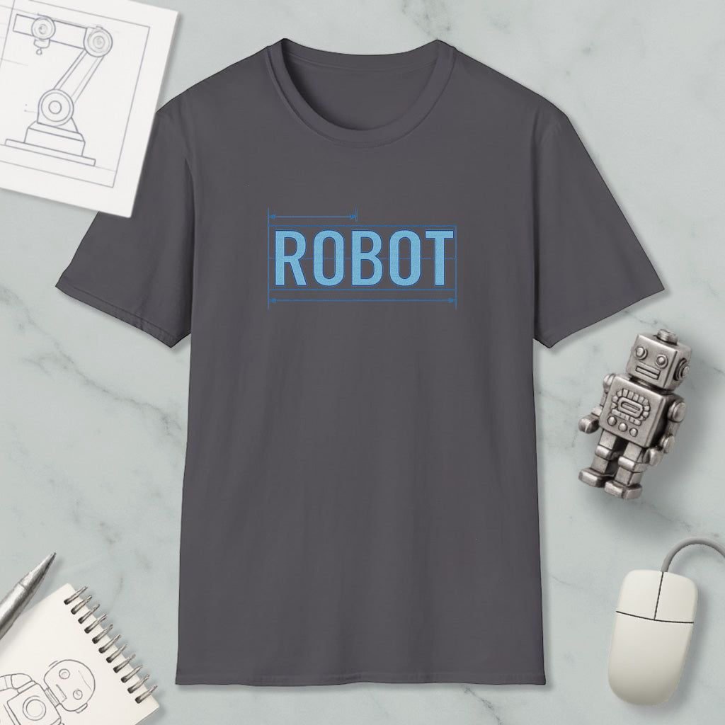 a gray t-shirt with the word "ROBOT" printed on it, along with a small robot figurine and some office supplies such as a notebook and a mouse.