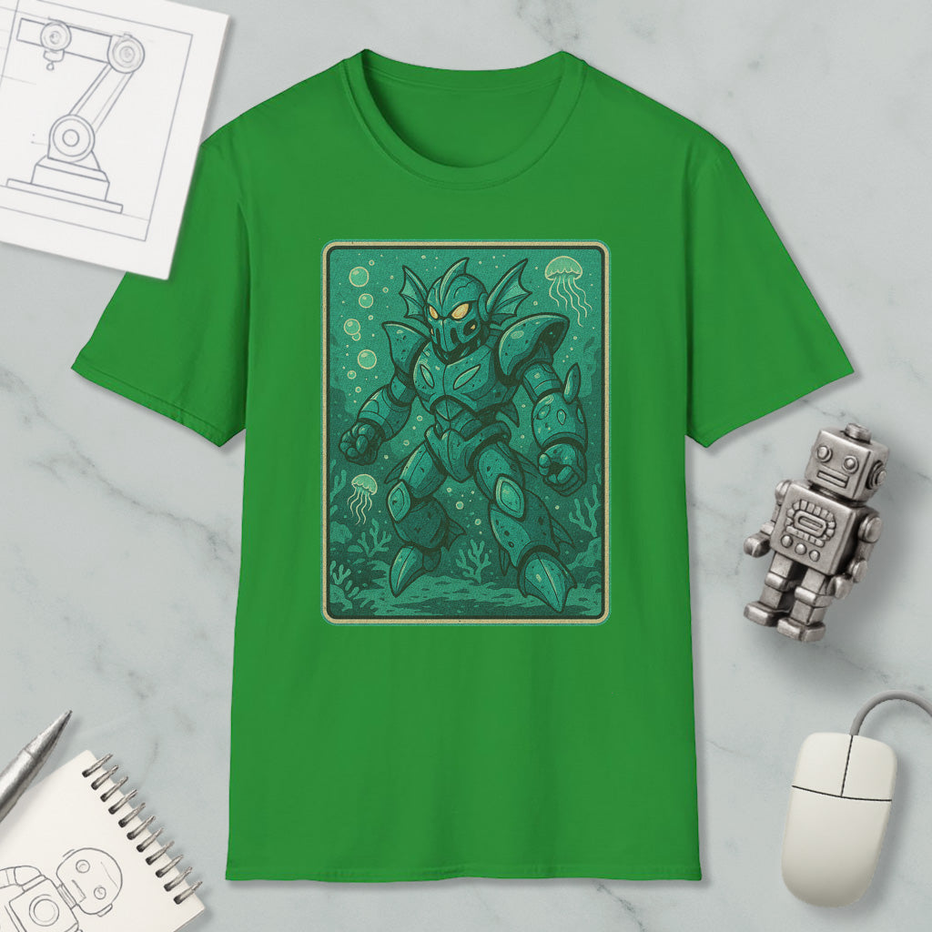 a green t-shirt with a graphic of a green armored robot or character, surrounded by bubbles and marine life, such as jellyfish. The t-shirt is placed on a marble surface, along with a computer mouse, a notepad, and a small robot figurine.