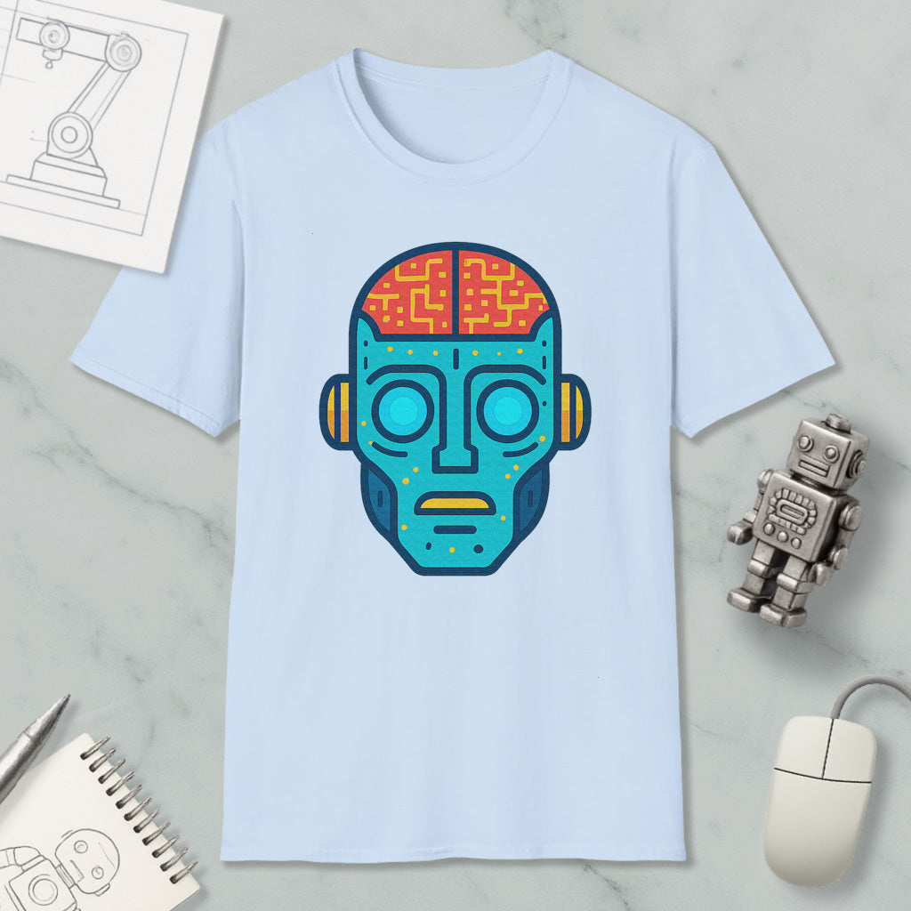 a light blue t-shirt with a colorful graphic of a robot or humanoid face, along with various objects such as a computer mouse, a notebook, and a pen.