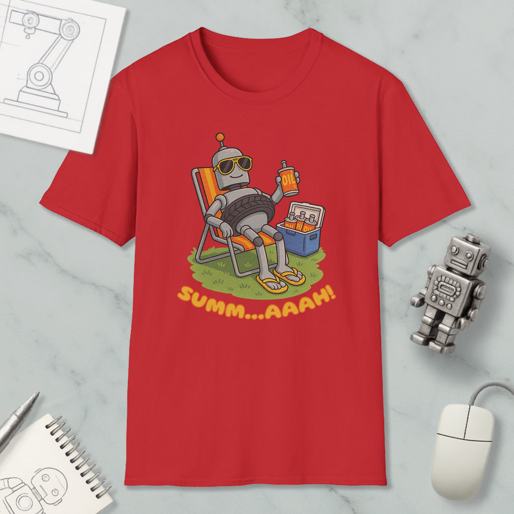 a red t-shirt with a cartoon robot sitting in a chair and holding a drink, accompanied by the text "SUMM...AAAH!"