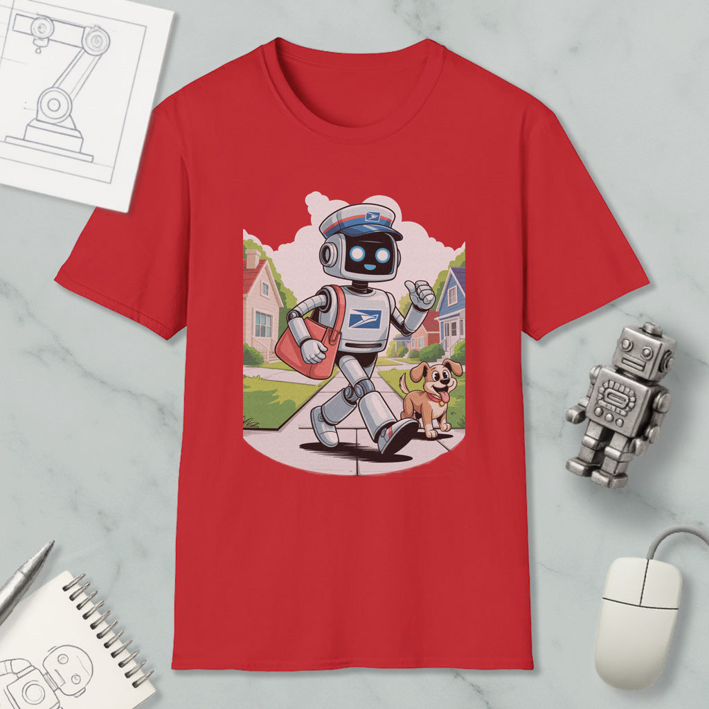 a red t-shirt with a cartoon robot and a dog, along with various objects such as a computer mouse, a notebook, and a robot figurine.