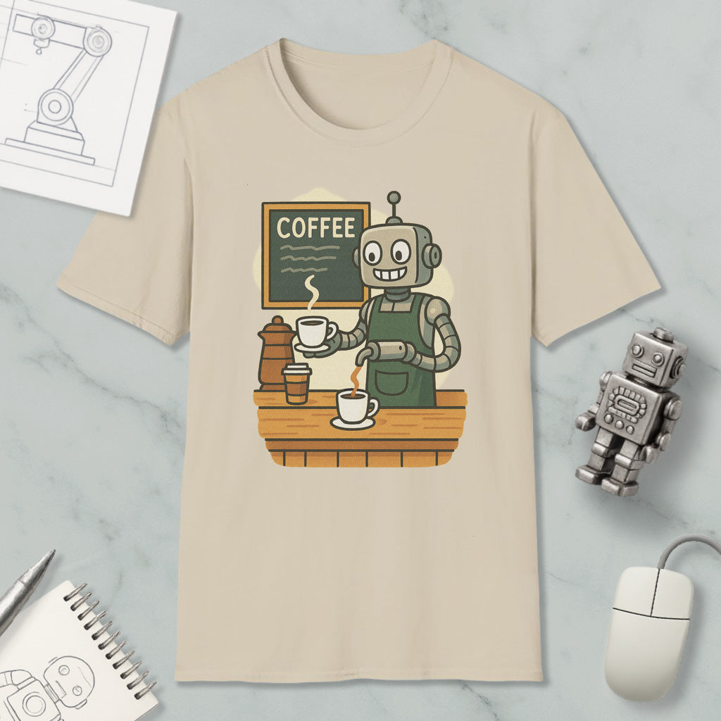 A t-shirt with a cartoon robot serving coffee, accompanied by a coffee cup, a coffee pot, and a computer mouse.