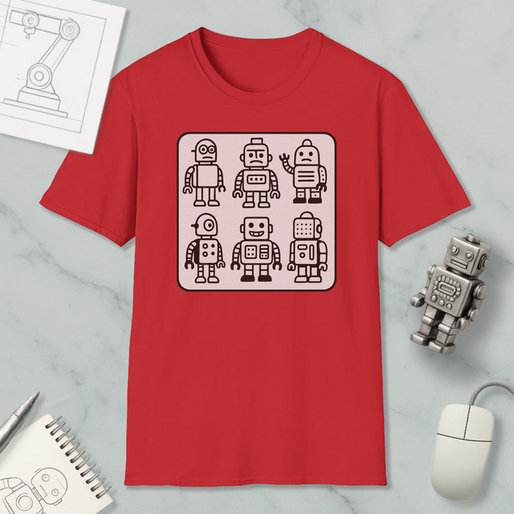 a red t-shirt with a graphic design of six different robot characters, along with a computer mouse and a notebook on a marble surface.