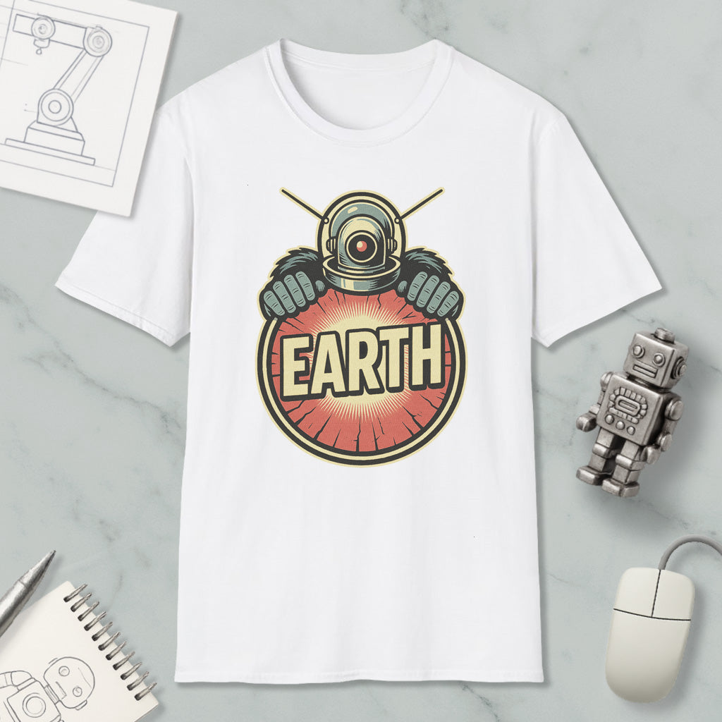 a white t-shirt with a graphic design of a robot or alien figure holding a sign that says "EARTH". The t-shirt is placed on a marble surface, along with a computer mouse, a notebook, and a small robot figurine.
