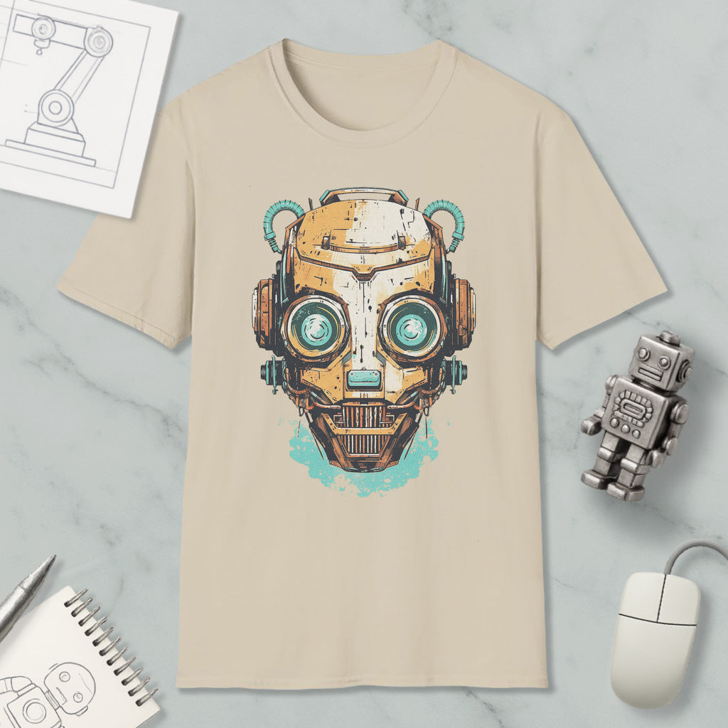 a beige t-shirt with a graphic design of a robot or cyborg head, along with various objects such as a computer mouse, a notebook, and a pen.
