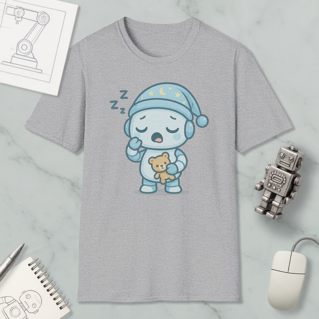a gray t-shirt with a cartoon robot wearing a blue hat and holding a teddy bear, along with a computer mouse and a notebook.