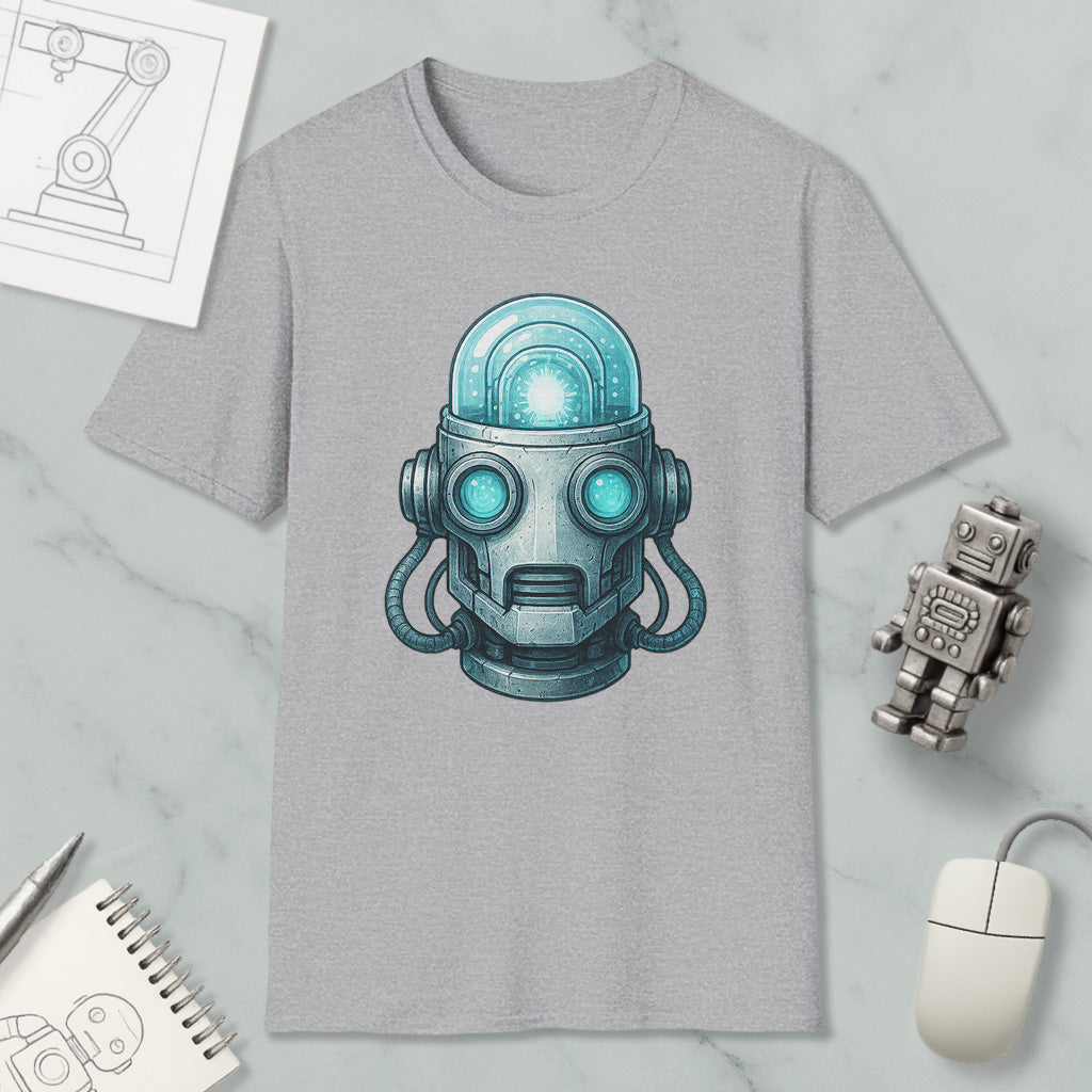 a gray t-shirt with a graphic of a futuristic robot head, surrounded by various objects such as a computer mouse, a notebook, and a pen.