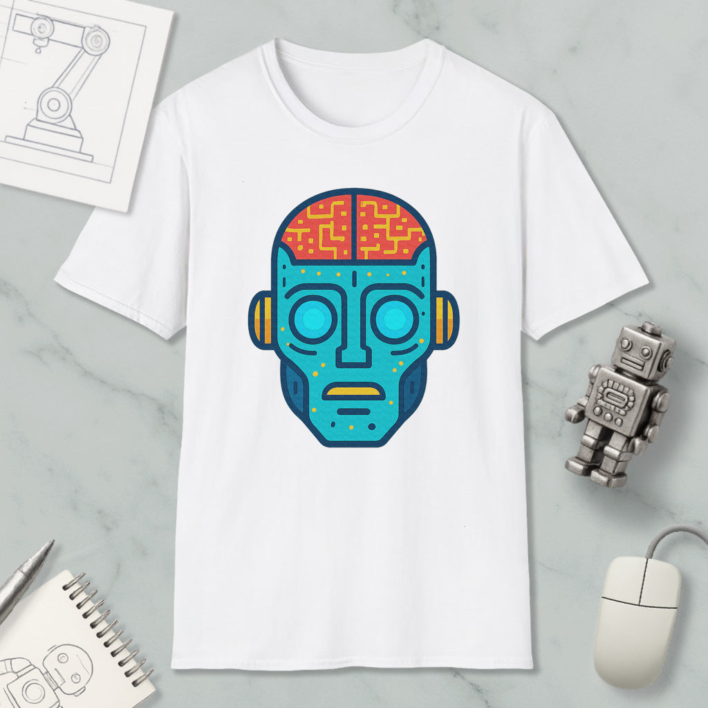 a white t-shirt with a colorful graphic of a robot or humanoid face, along with various objects such as a computer mouse, a notebook, and a pen.