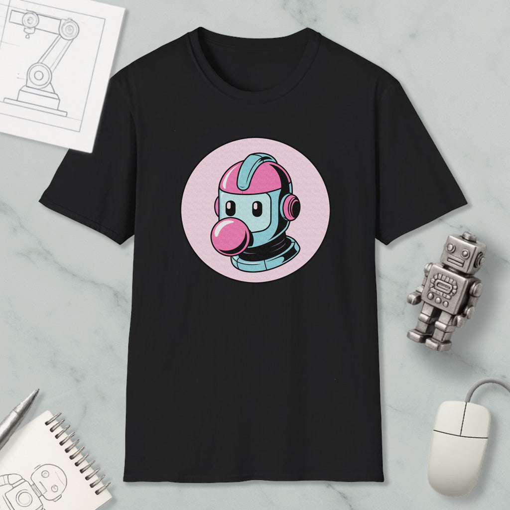 a black t-shirt with a colorful graphic of a robot or character wearing a pink helmet, along with a computer mouse and a notebook.