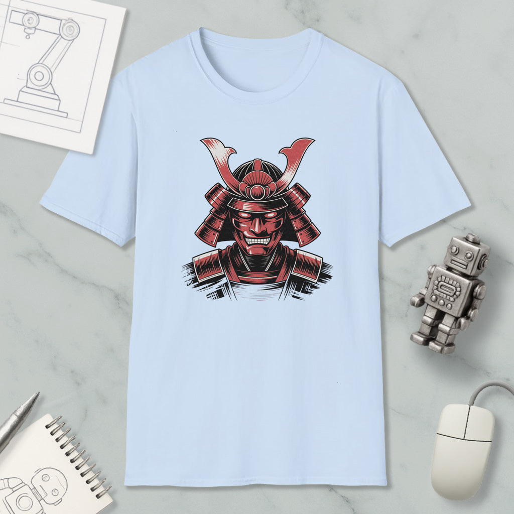 A light blue t-shirt with a graphic of a red and black warrior figure, along with a computer mouse, a notebook, and a robot figurine.