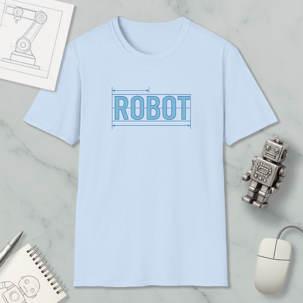a light blue t-shirt with the word "ROBOT" printed on it, along with a small robot toy and a computer mouse.