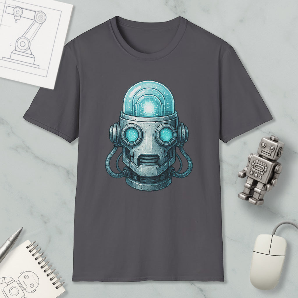 a gray t-shirt with a graphic design of a futuristic robot head, surrounded by various objects such as a computer mouse, a notebook, and a pen.