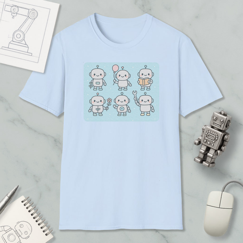 a light blue t-shirt with a graphic design of six cute robot characters, along with a computer mouse, a spiral notebook, and a small robot figurine.