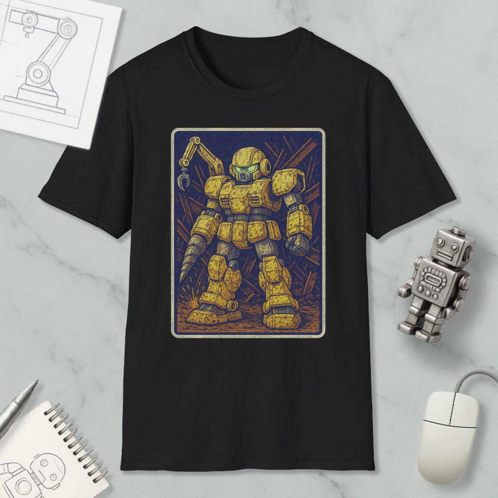 a black t-shirt with a graphic design of a yellow robot or robot-like figure, surrounded by various objects such as a computer mouse, a notebook, and a pen.