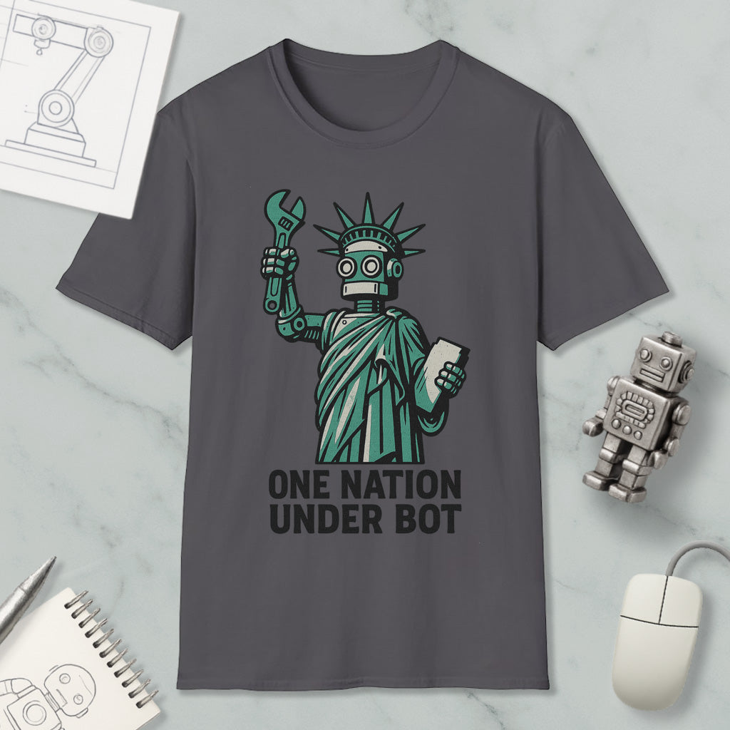 a t-shirt with a graphic design depicting a robot figure holding a wrench and a tablet, accompanied by the text "ONE NATION UNDER BOT".