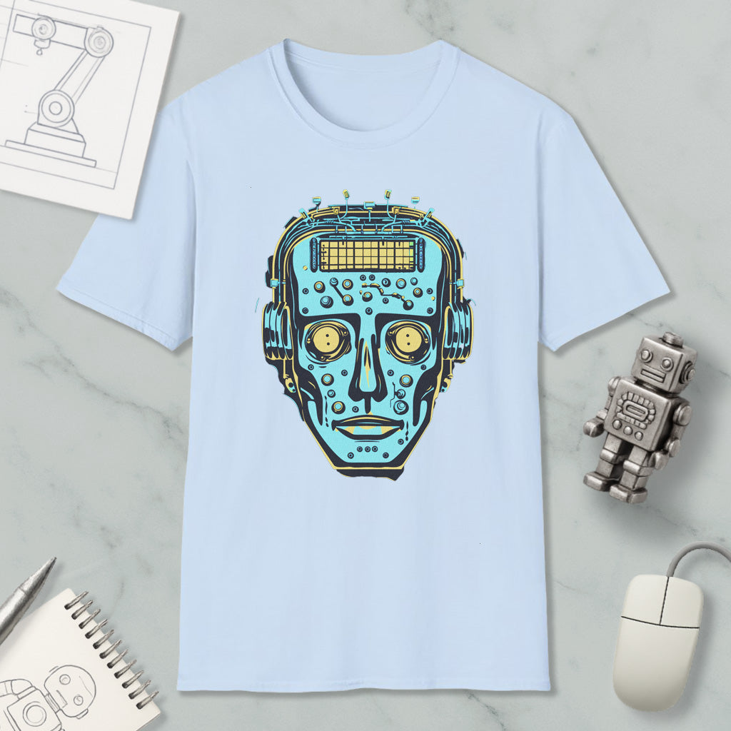 a light blue t-shirt with a graphic design of a robot's face, surrounded by various objects such as a computer mouse, a pen, and a notebook.