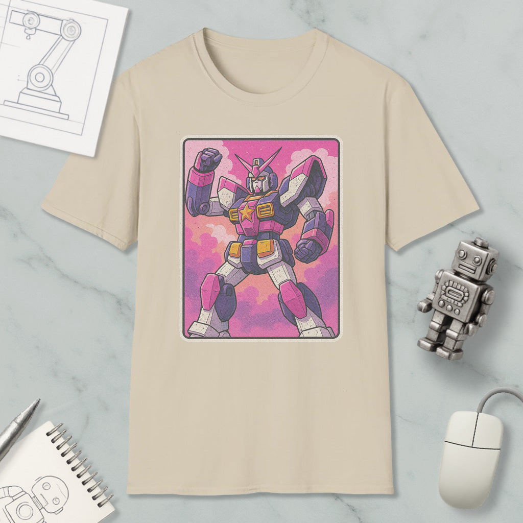 a beige t-shirt with a colorful graphic of a robot or character, along with various objects such as a computer mouse, a notebook, and a pen.