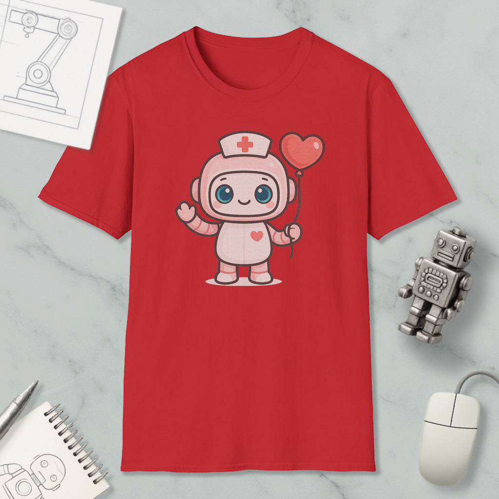 a red t-shirt with a cartoon character wearing a nurse's hat and holding a heart-shaped balloon. The t-shirt is displayed on a marble surface, along with a computer mouse, a pen, and a notebook.