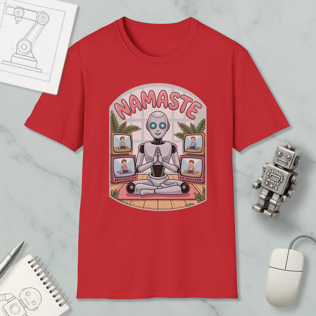 a red t-shirt with a graphic design depicting a robot sitting in a meditative pose, surrounded by various images of people.