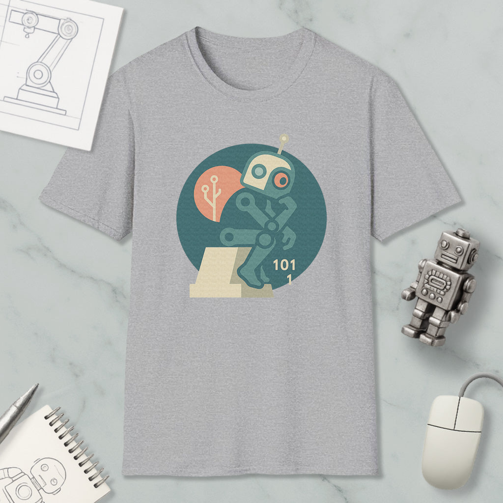 a gray t-shirt with a graphic design of a robot, a computer mouse, and a notebook, all placed on a marble surface.