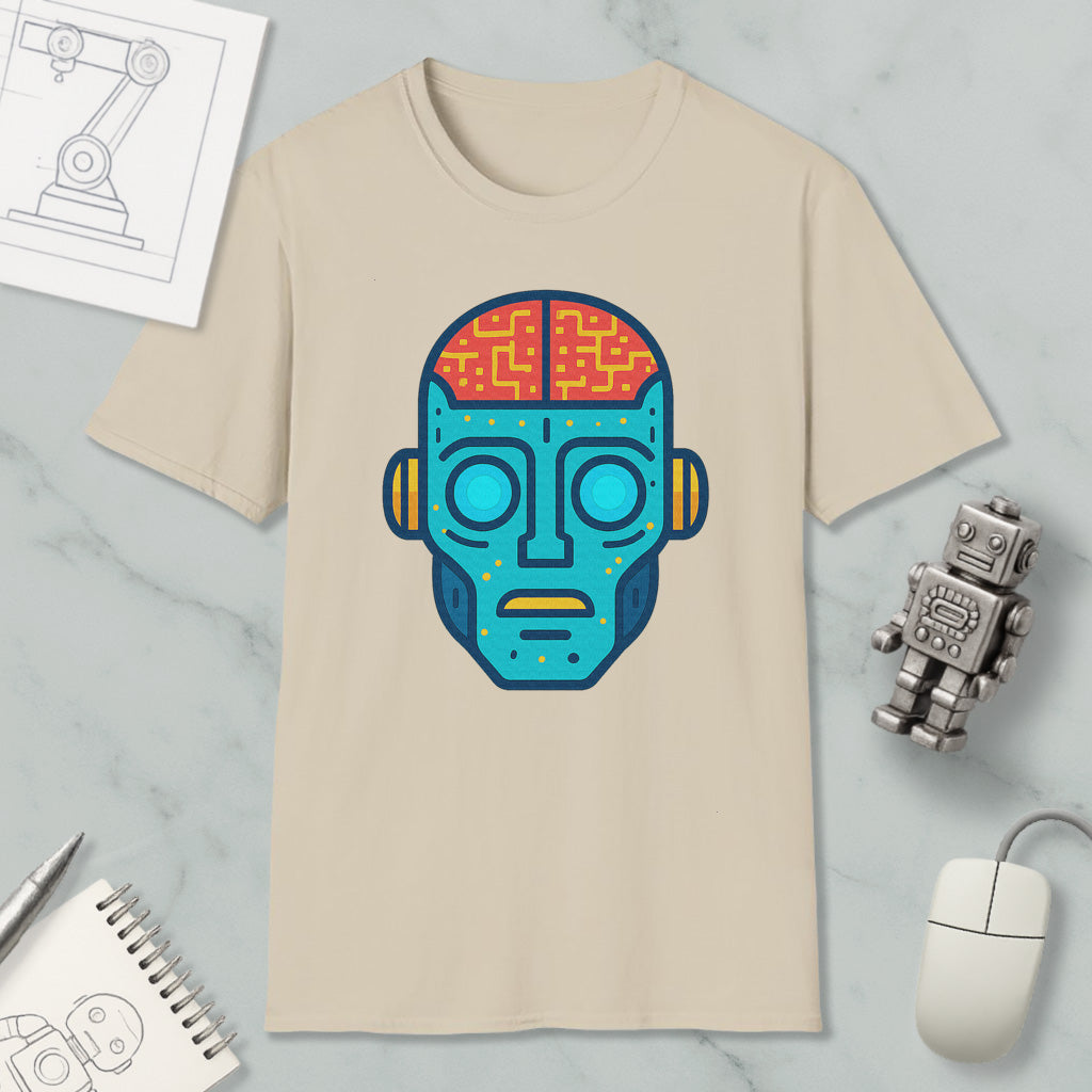 a beige t-shirt with a colorful graphic of a robot or robot-like figure, along with various objects such as a computer mouse, a notebook, and a pen.