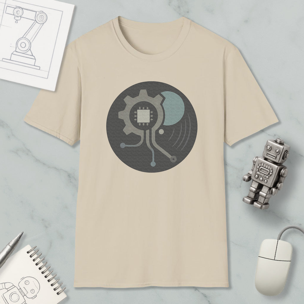 a beige t-shirt with a graphic design, a small robot, a computer mouse, and a notebook on a marble surface.