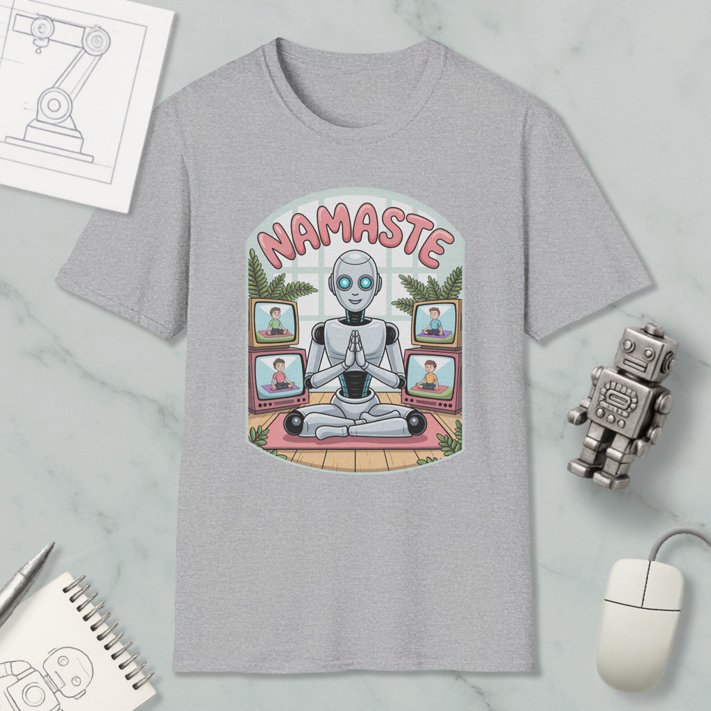 A gray t-shirt with a graphic design depicting a robot sitting in a meditative pose surrounded by various images of people on laptops.