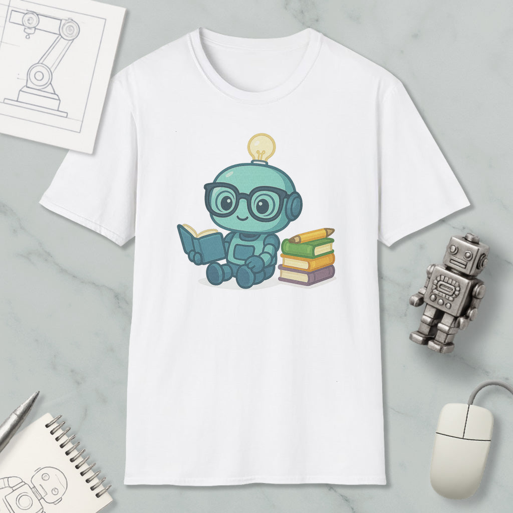 A white t-shirt with a cartoon robot holding a book and a light bulb on its head, surrounded by books and a computer mouse.