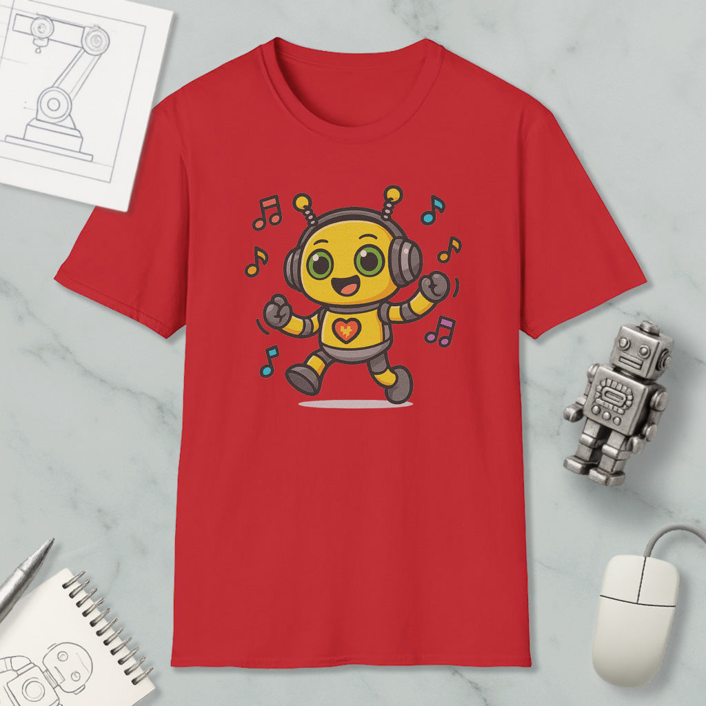 a red t-shirt with a cartoon robot wearing headphones and dancing, surrounded by musical notes. The t-shirt is placed on a marble surface, with a computer mouse, a pen, and a notebook nearby.