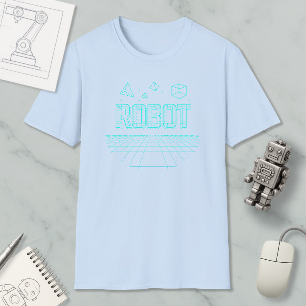 a light blue t-shirt with the word "ROBOT" printed on it, along with various geometric shapes and a robot figure. The t-shirt is placed on a marble surface, and there are also a computer mouse, a notebook, and a pen nearby.