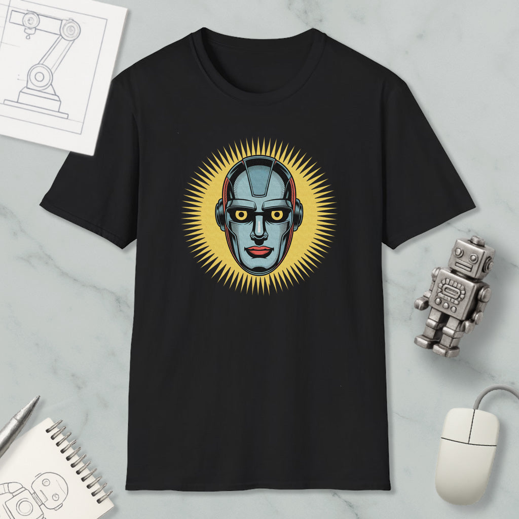 a black t-shirt with a graphic design of a robot's face, surrounded by a yellow sunburst pattern. The t-shirt is placed on a marble surface, along with a computer mouse, a notepad, and a small robot figurine.