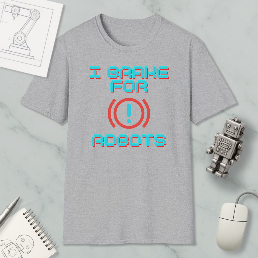 a gray t-shirt with the text "I Brake for Robots" printed on it, along with a robot figure and a computer mouse.