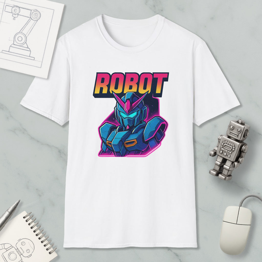 a white t-shirt with a graphic design of a robot character, along with various objects such as a computer mouse, a notebook, and a pen.