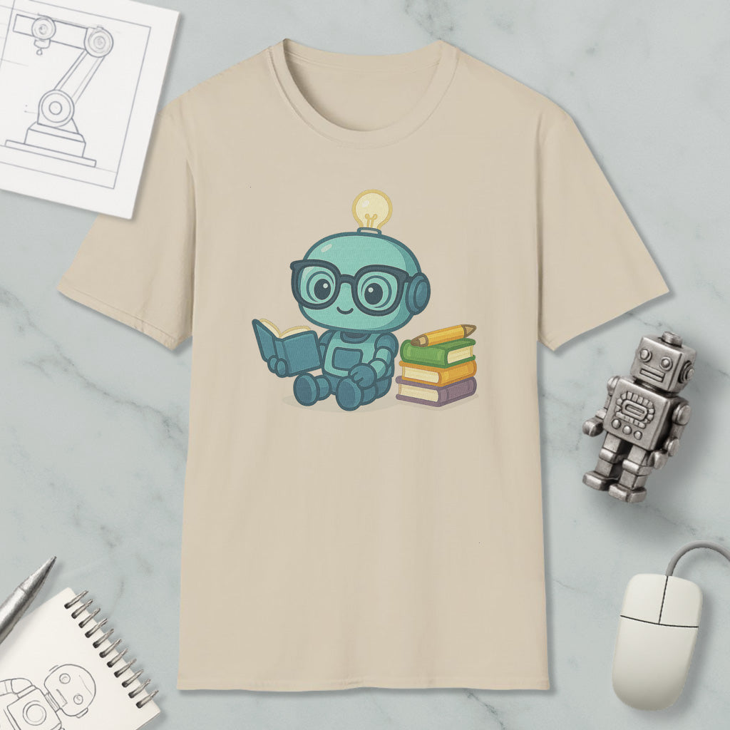 A t-shirt with a cartoon robot character reading a book, surrounded by various objects such as a computer mouse, a robot, and a stack of books.
