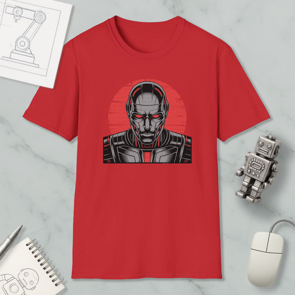a red t-shirt with a graphic design of a robot or cyborg-like character, along with various objects such as a computer mouse, a notebook, and a pen.