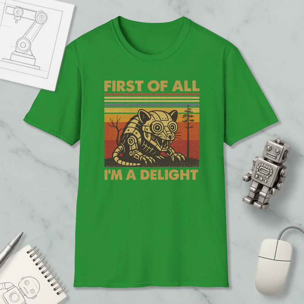 a green t-shirt with a graphic design of a robot or mechanical figure, along with the text "FIRST OF ALL I'M A DELIGHT". The t-shirt is displayed on a marble surface, accompanied by a computer mouse, a notepad, and a small robot figurine.