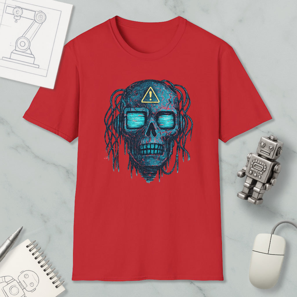 a red t-shirt with a skull design, along with various objects such as a computer mouse, a notebook, and a robot.
