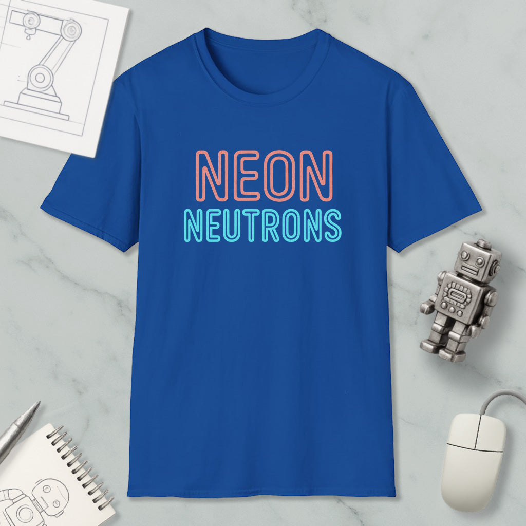 a blue t-shirt with the text "NEON NEUTRONS" printed on it, along with a small robot and a computer mouse.