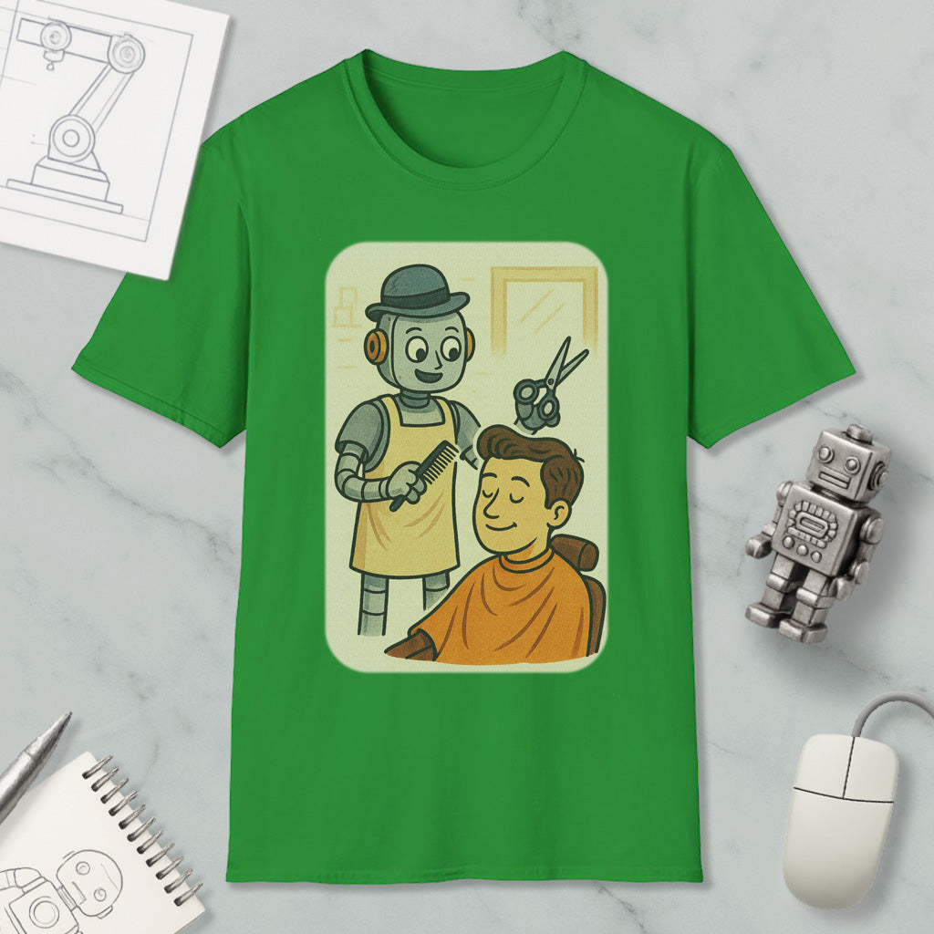 a green t-shirt with a cartoon illustration of a robot barber cutting a man's hair. The t-shirt is displayed on a marble surface, along with various objects such as a computer mouse, a notebook, and a robot figurine.