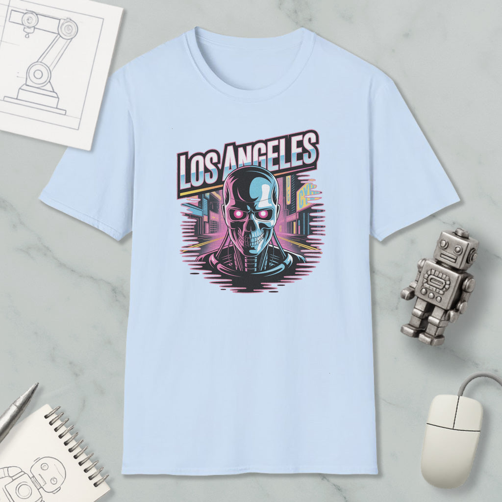 A light blue t-shirt with a graphic design featuring a skull and cityscape, along with a robot and other objects.