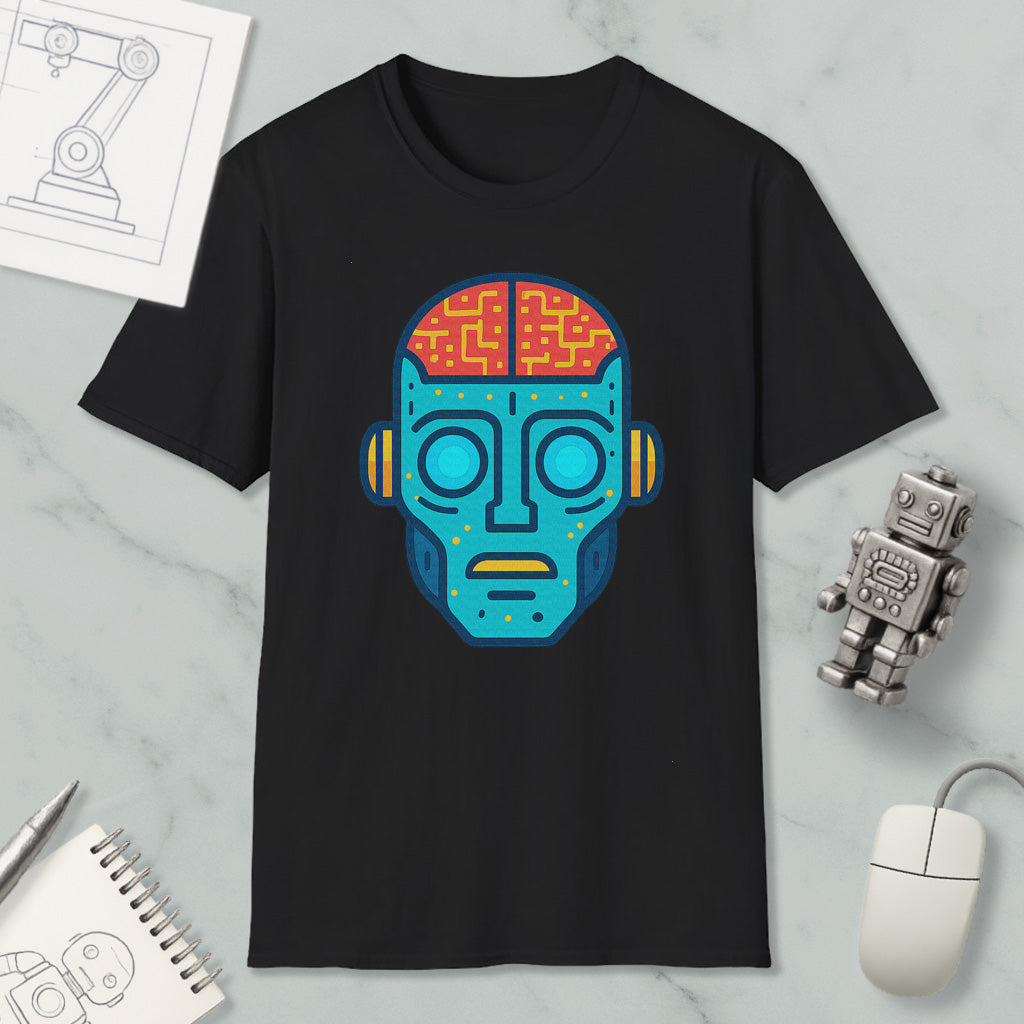 a black t-shirt with a colorful graphic of a robot or humanoid face, along with various objects such as a computer mouse, a notebook, and a pen.