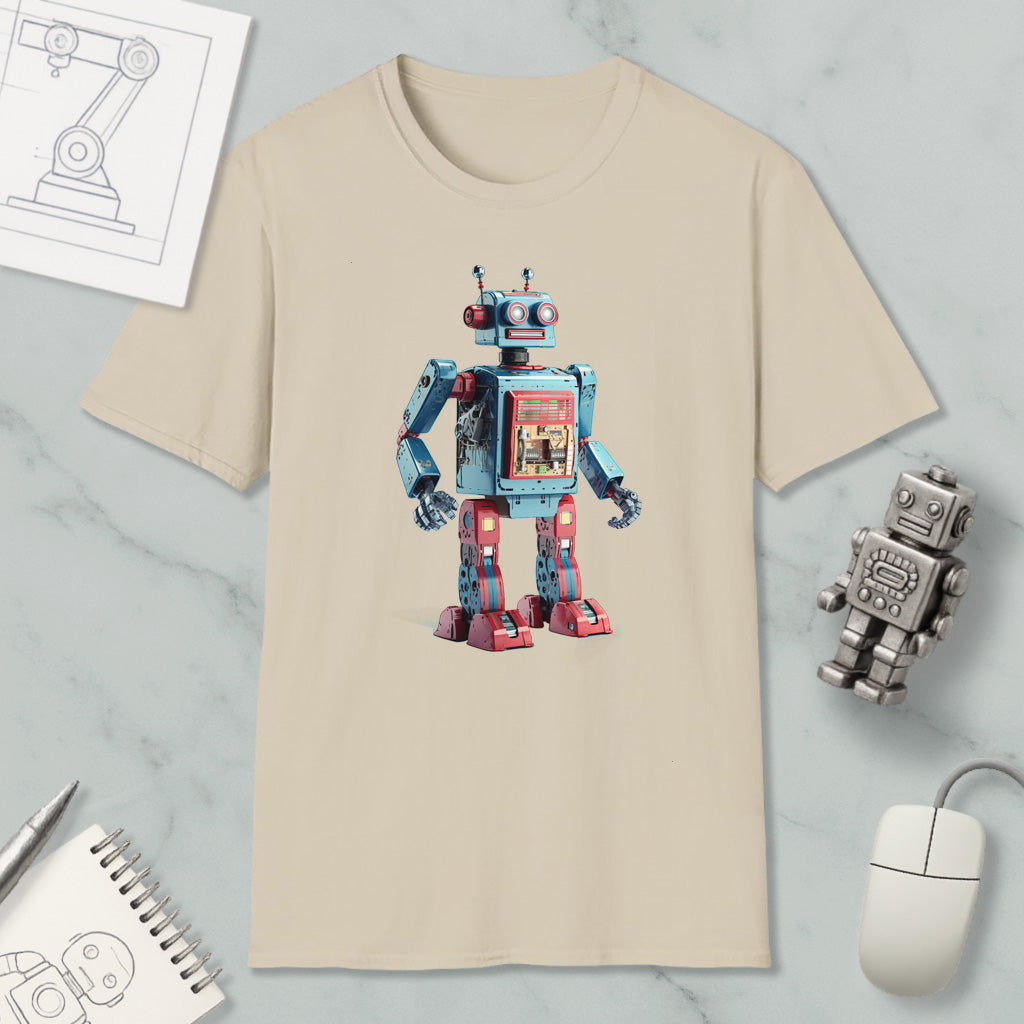 a beige t-shirt with a colorful robot design printed on it, along with various objects such as a computer mouse, a pen, and a notebook.
