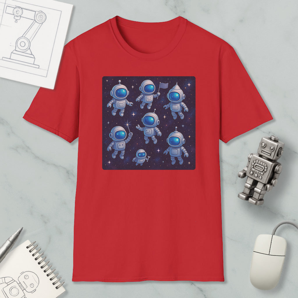 a red t-shirt with a graphic of seven cartoon-like astronaut figures in a space scene, along with a computer mouse and other office supplies.
